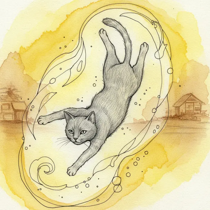 A relaxed tabby cat floating mid-air in a sunlit room, completely defying gravity with its fur drifting upwards.