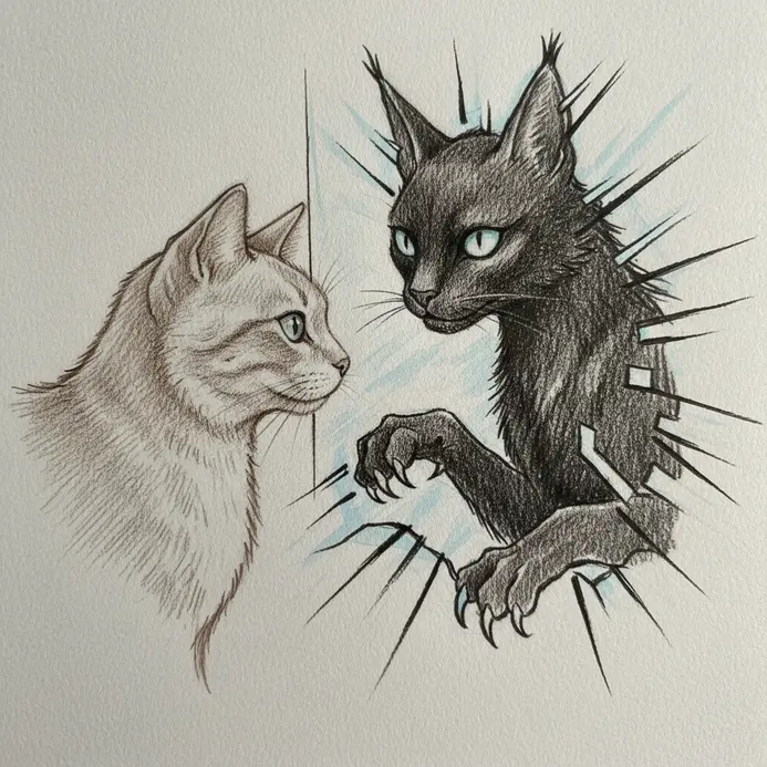 A cat looks into a mirror, but its reflection is a different breed or color, staring back with a mischievous expression.