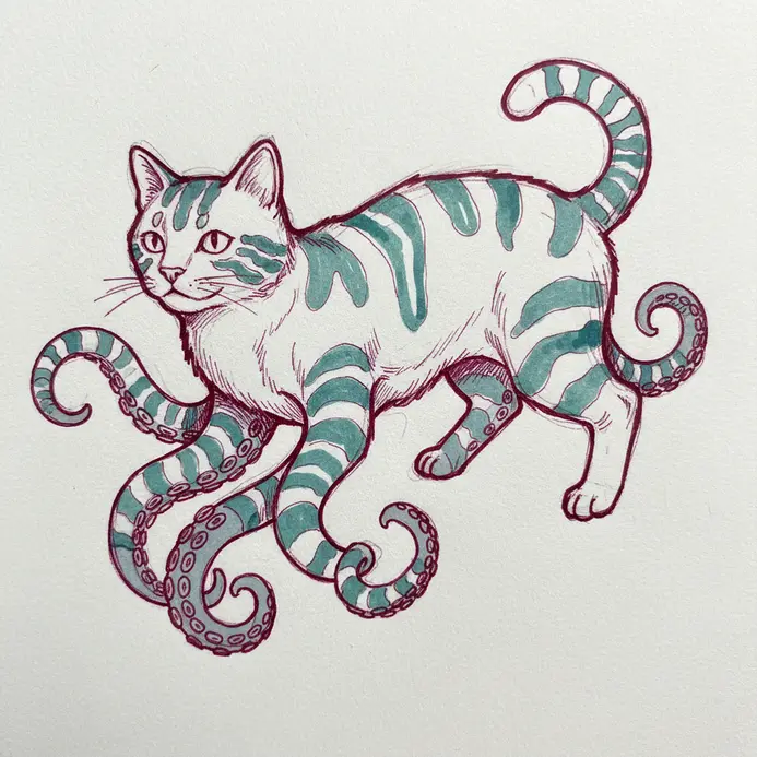A cartoon cat with a feline face and body, but eight sucker-covered tentacles instead of legs.