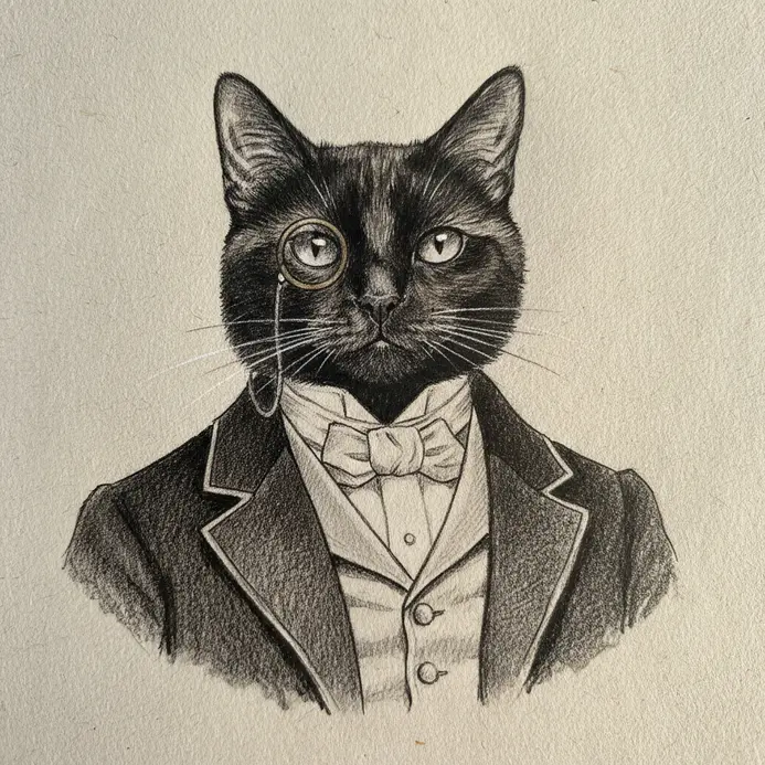 A tuxedo cat wearing a miniature Victorian suit, monocle, and top hat in a detailed painting.