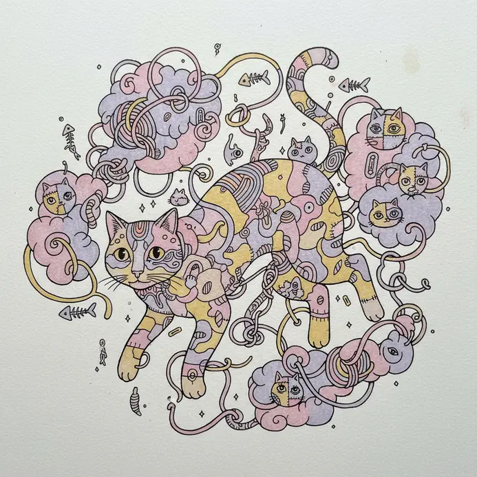 A patchwork calico cat curled up asleep on a floating, tangled ball of colorful yarn.