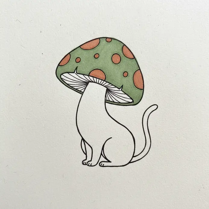 A minimalist sketch of a tiny cat body topped with a perfectly round, spotted mushroom cap.