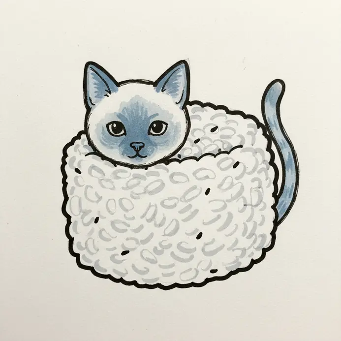 A blue-point Siamese cat with a long body coiled and presented like a piece of makizushi.