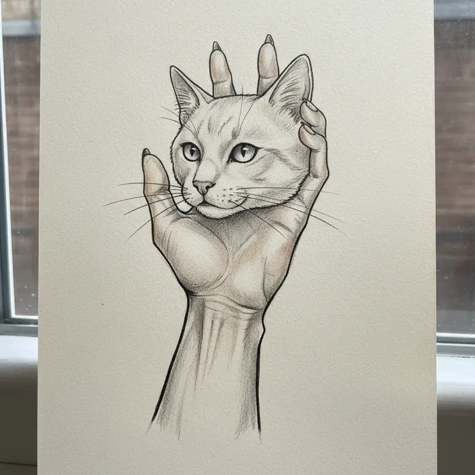 A cat form constructed entirely from a single, oversized human hand, with fingers as legs and the palm as a torso.
