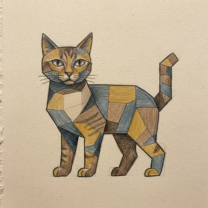 A fragmented portrait of a striped cat composed of intersecting geometric planes and sharp angles.