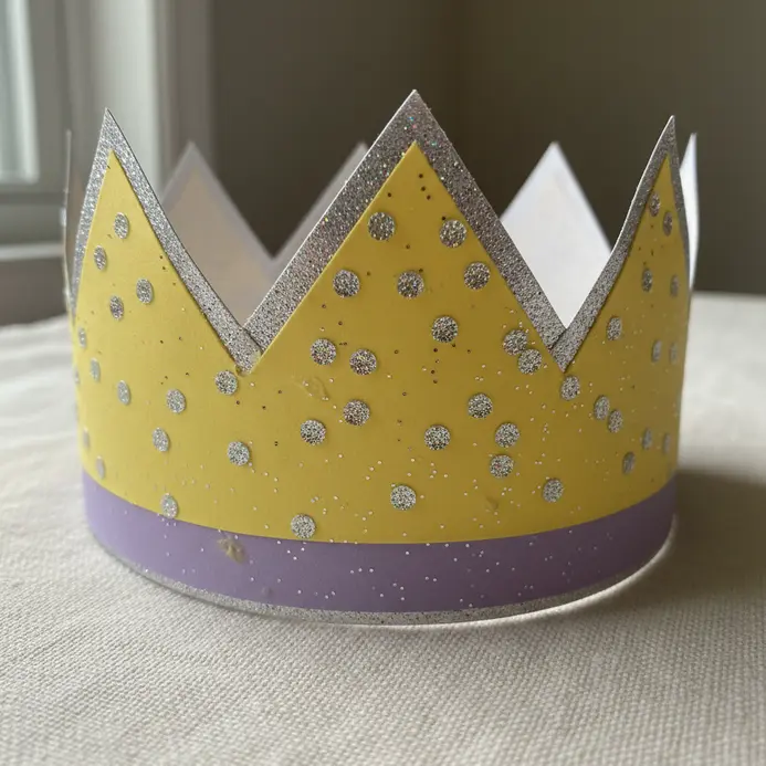 A child smiles while wearing a colorful paper crown covered in 100 pieces of glitter.