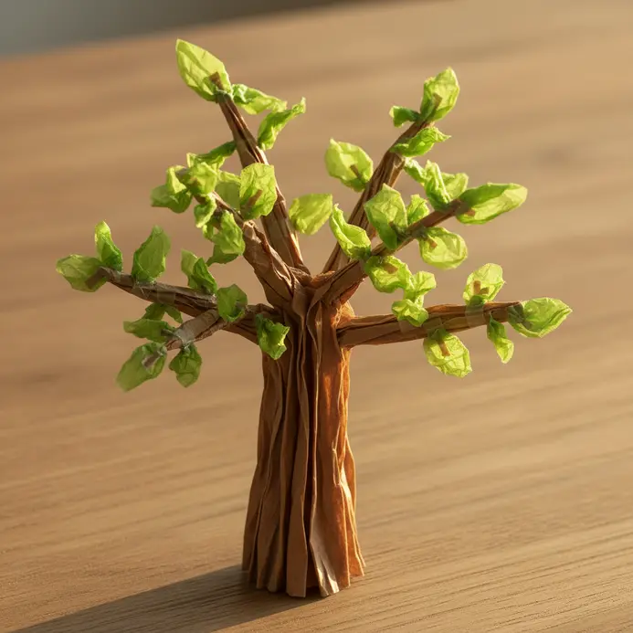 A brown paper tree trunk is covered with 100 small, scrunched pieces of green tissue paper.