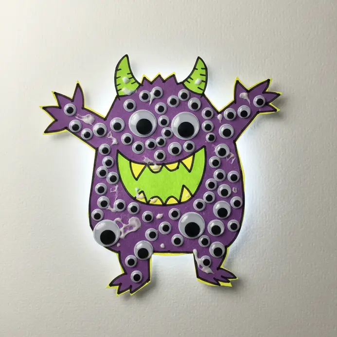 A colorful paper monster shape is covered with 100 assorted sizes of googly eyes.