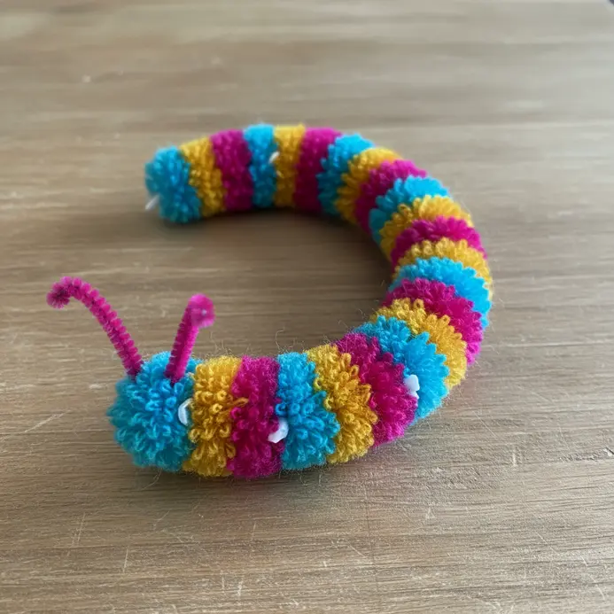 A long, colorful caterpillar sculpture is made by gluing together 100 small pom poms.