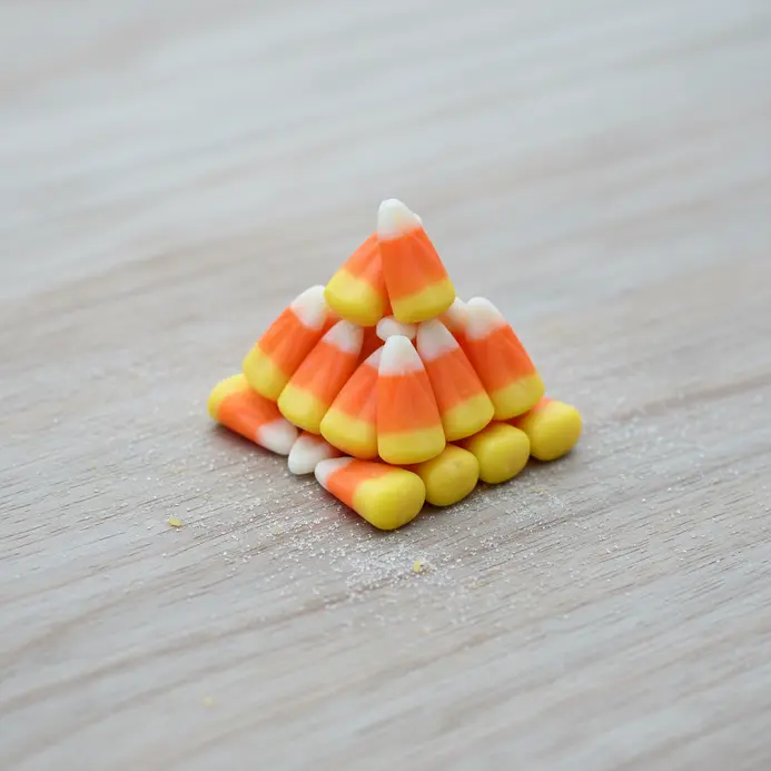 A small triangular pyramid sculpture carefully constructed from 100 pieces of candy corn.