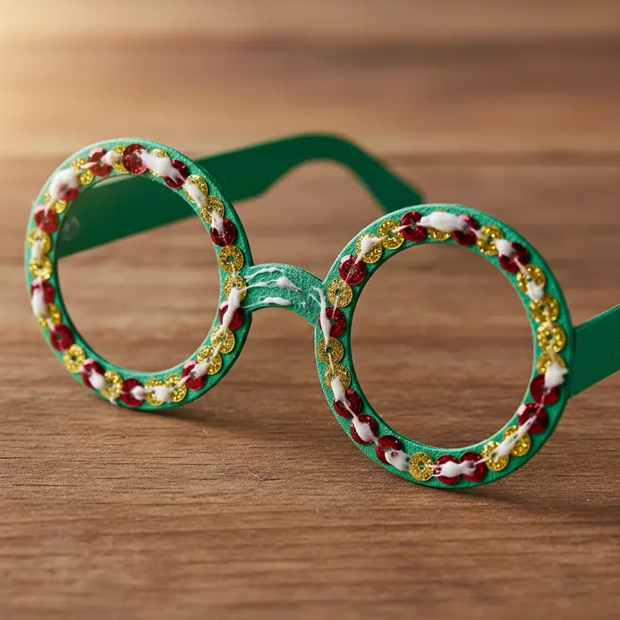 A pair of cardboard glasses decorated with exactly 100 small, shiny sequins.