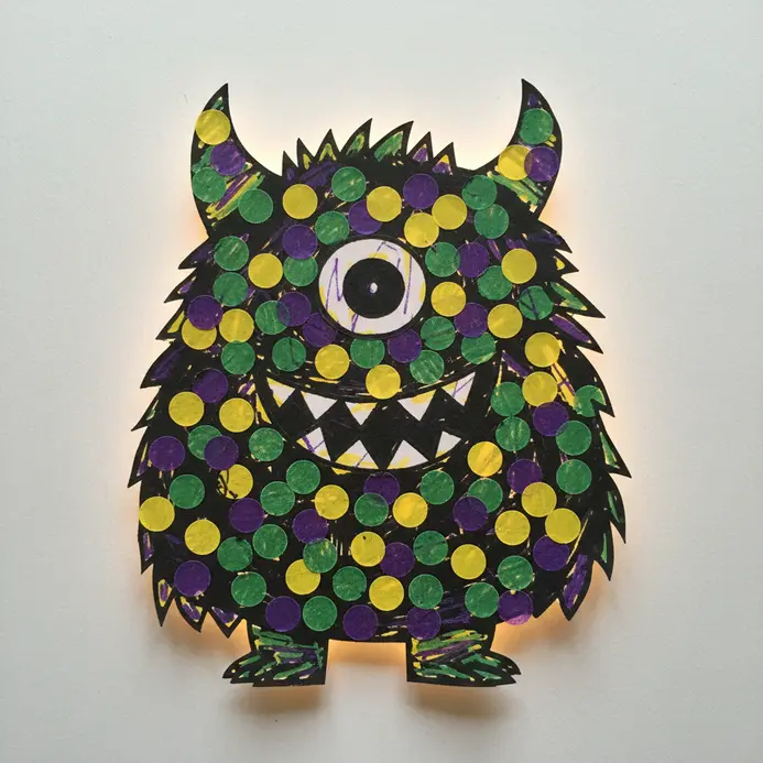 A large, silly monster cut from construction paper is covered with 100 colorful paper dots.