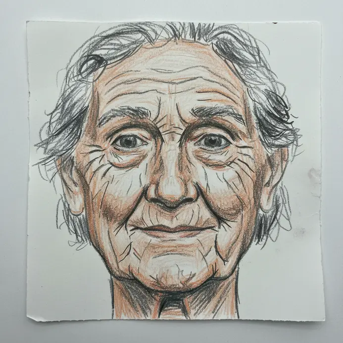 A child's crayon drawing shows a self-portrait with gray hair and glasses.