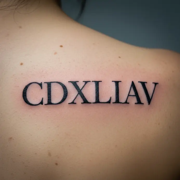 The Roman numerals CDXLIV, representing 444, tattooed on the shoulder blade