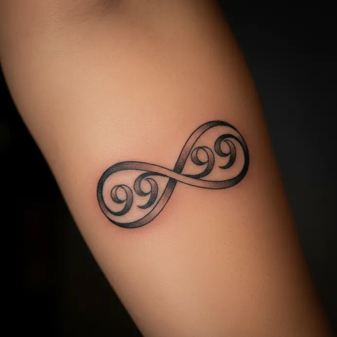 A tattoo where the nines in 999 are connected by a continuous, looping line.