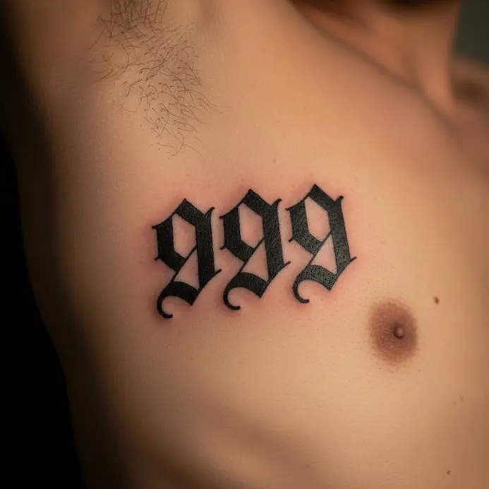 A bold, black gothic font spelling 999 tattooed vertically along the side of the torso.