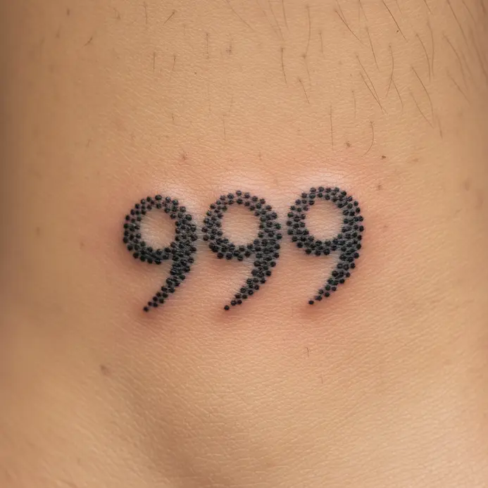 A hand-poked tattoo of the number 999 created from dots, placed around an ankle bone.