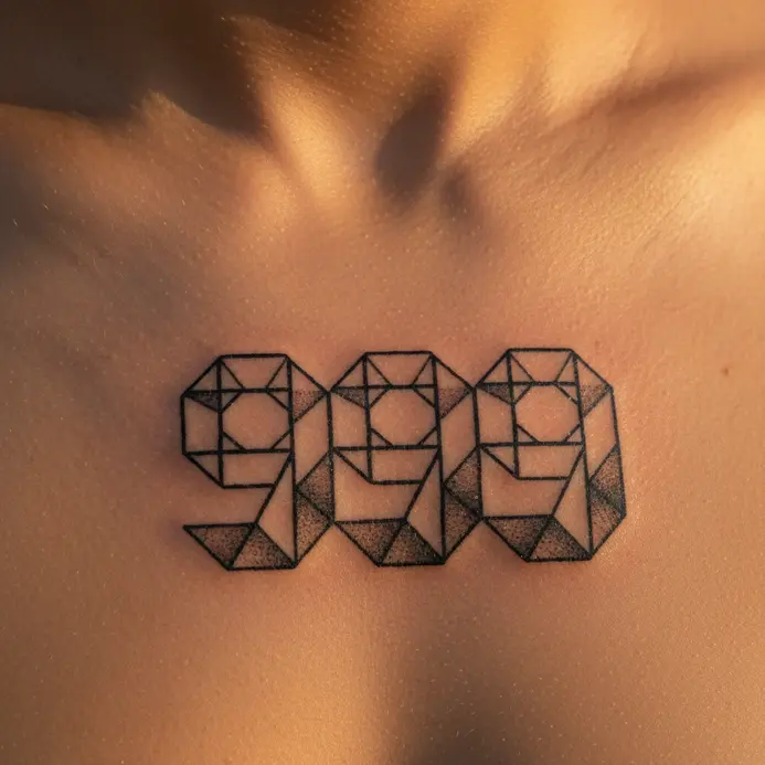 A symmetrical tattoo of the number 999 integrated into a geometric pattern, centered on the sternum.