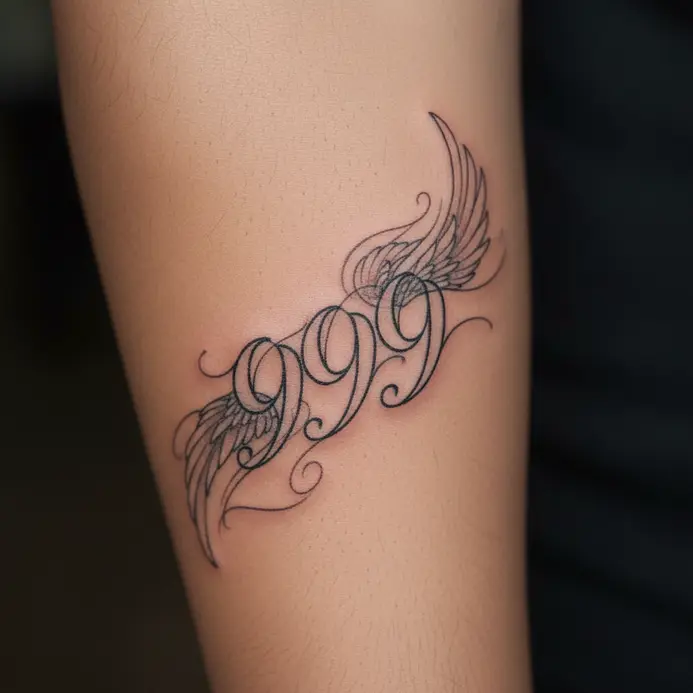 A tattoo where the number 999 is flanked by minimalist, feather-like wings.