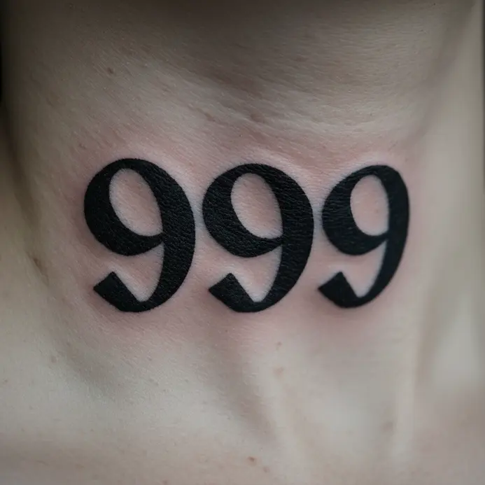 A heavily saturated black tattoo of a stylized 999 placed on the side of the neck.