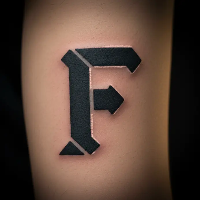 A clean, industrial stencil-style letter F tattoo with sharp edges on the bicep.