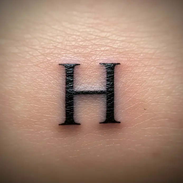 A simple, modern sans serif letter H tattoo on the side of a finger.