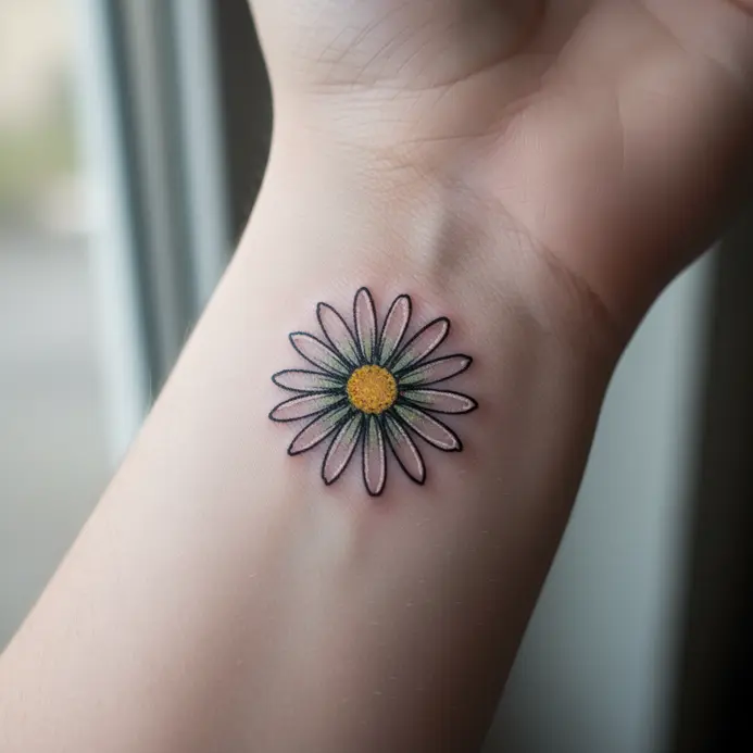 A delicate, single-line daisy tattoo on the inner wrist with clean, thin black ink.