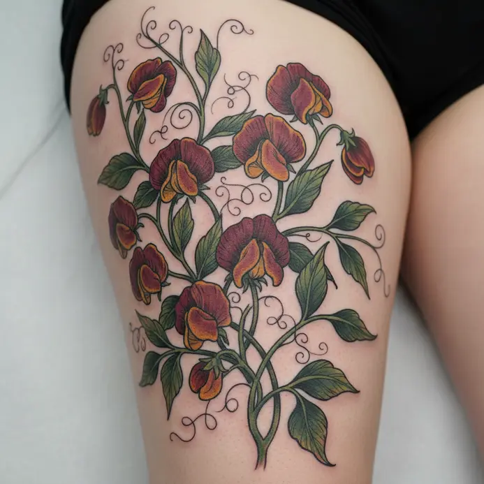 A large, detailed illustrative tattoo of sweet pea vines and flowers covering the thigh.