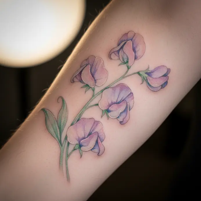 A soft, colorful bouquet of sweet pea flowers painted in a loose watercolor style on the forearm.