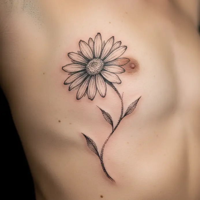 A daisy with a long, curving stem shaded entirely with tiny dots, placed along the ribcage.