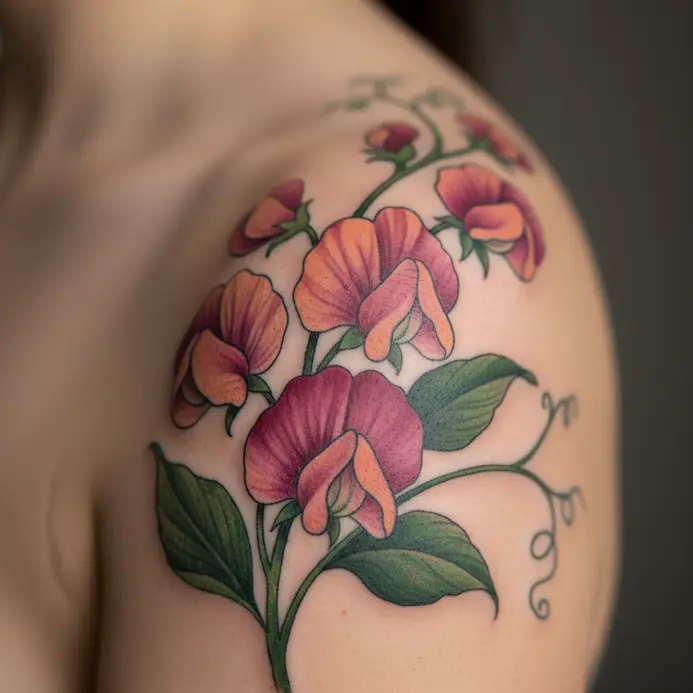 A cluster of lifelike sweet pea flowers with detailed petals and leaves wrapping over the shoulder.