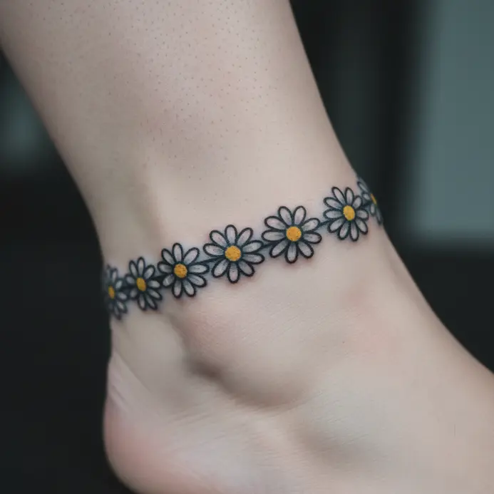 A continuous chain of small, connected daisies tattooed in a band around the ankle.