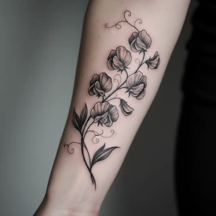 A winding sweet pea vine with shaded leaves and blossoms done in black and grey ink.