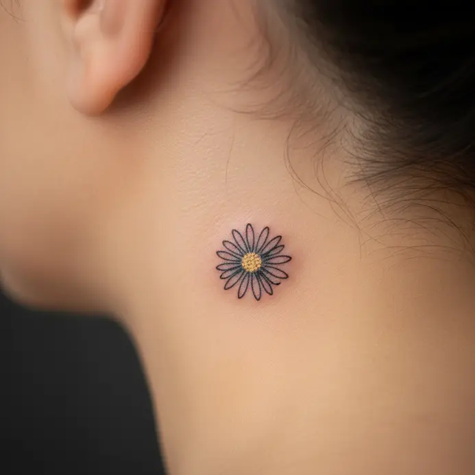 A tiny, simple daisy tattoo placed discreetly behind the ear.