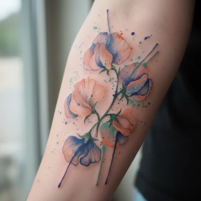 An abstract composition of sweet pea petals and color washes with no defined outlines.