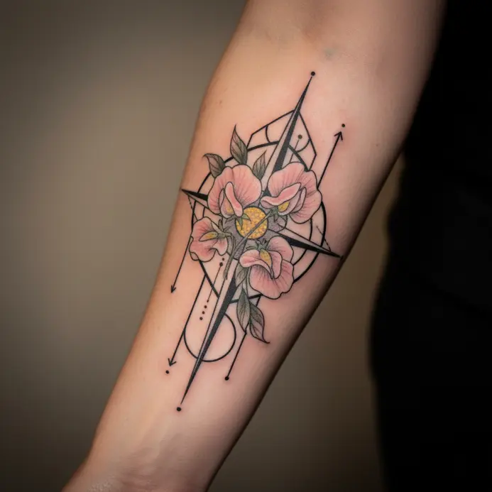 A daisy and sweet pea flower combined within a geometric line art framework.