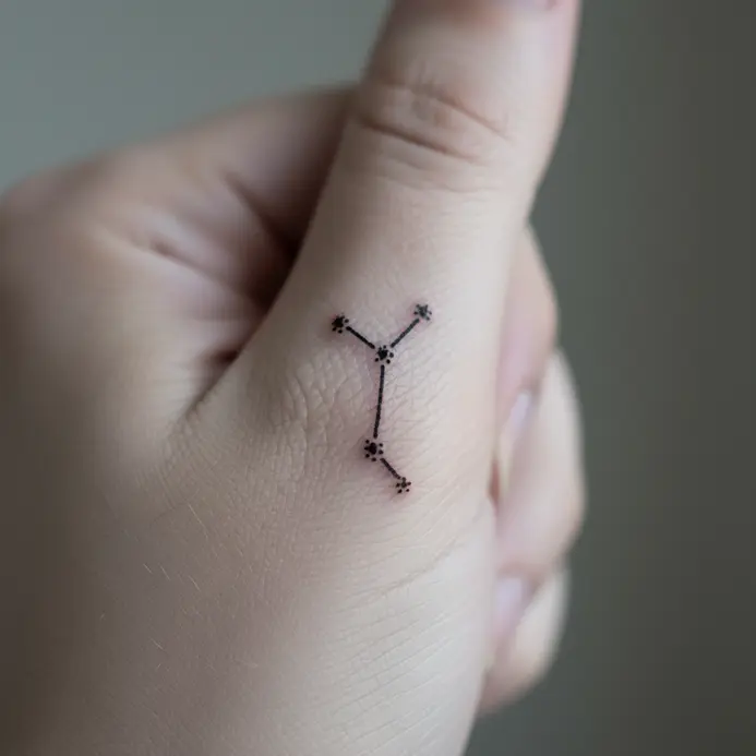 A minuscule, simplified version of the Aquarius constellation tattooed in fine black ink along the side of a finger.