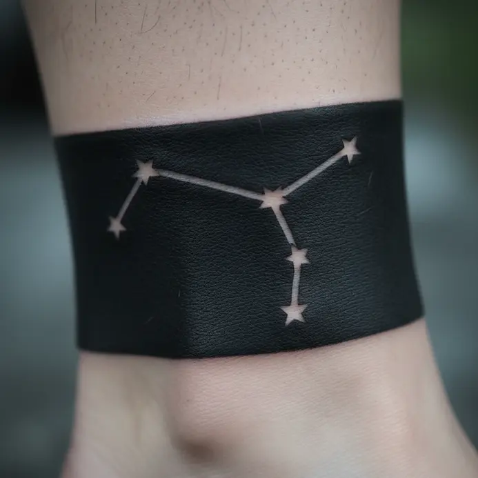 A small tattoo around the ankle where the Aquarius constellation is formed by the untouched skin within a shaded band or shape.