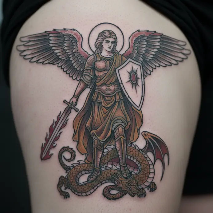 Strong, bold black outline tattoo of Archangel Michael in a warrior stance on the thigh.