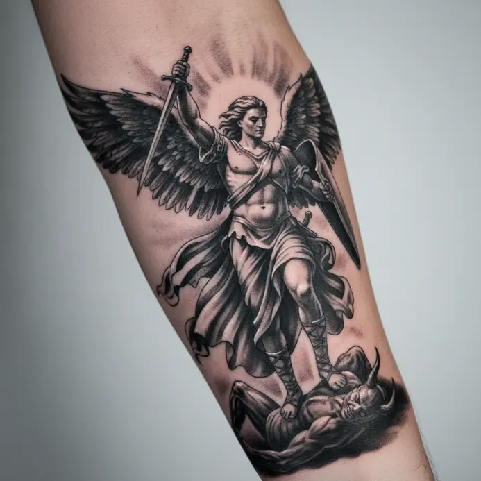 High-contrast black and grey half sleeve tattoo with dramatic lighting on Archangel Michael.