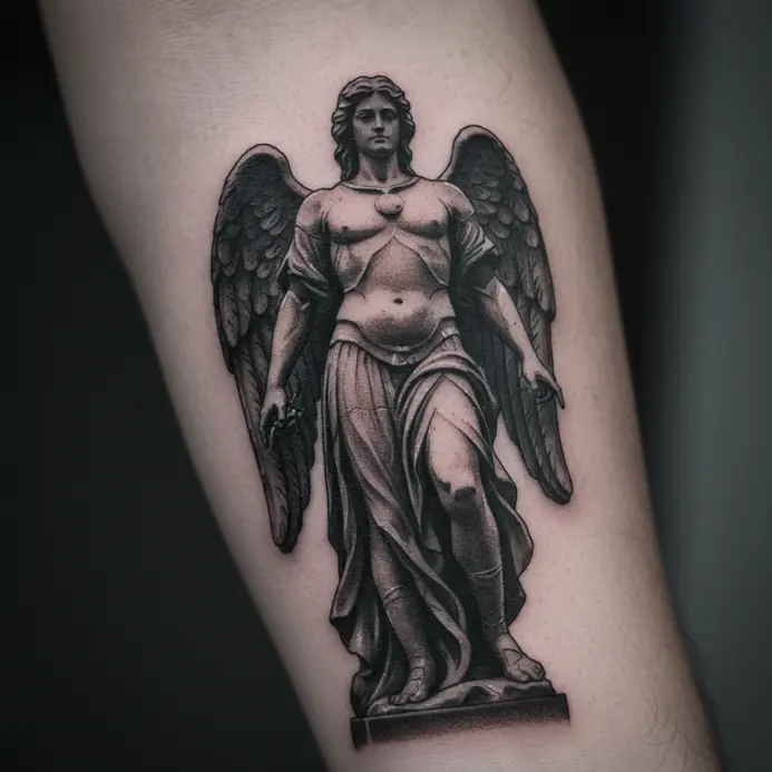 High-contrast blackwork tattoo depicting Archangel Michael as a stoic, winged statue.