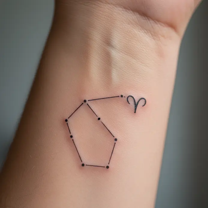 A delicate, minimalist line drawing of the Aries star sign tattooed on the inner wrist.