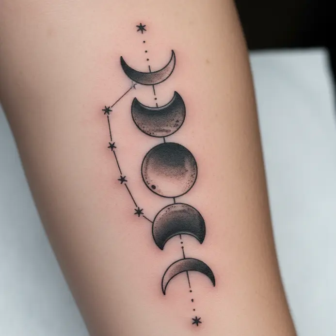 A vertical design featuring phases of the moon with the Aries constellation stars positioned alongside them.