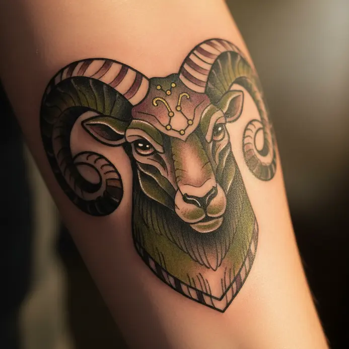 A bold, neo-traditional tattoo of a ram's head with classic tattoo shading and a rich color palette.