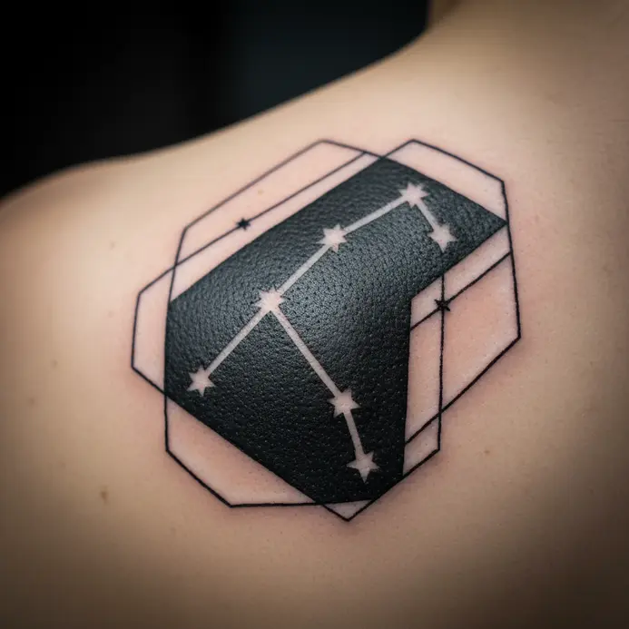 An Aries constellation formed by the negative space within a solid black shape on the shoulder.