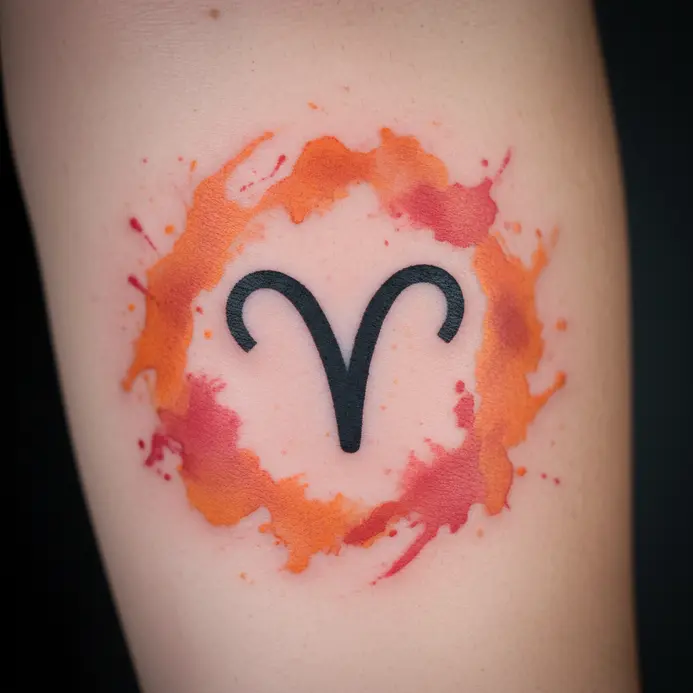 The Aries zodiac symbol tattooed in black outline, surrounded by a loose, splashy watercolor effect in fiery colors.
