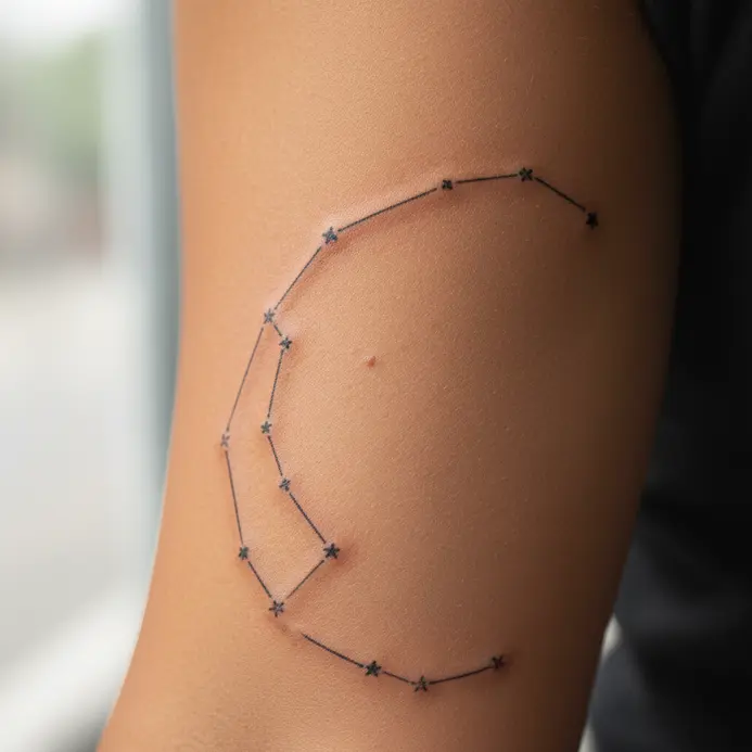 A fine-line Aries constellation tattooed in a subtle arch that follows the curve of the inner bicep.