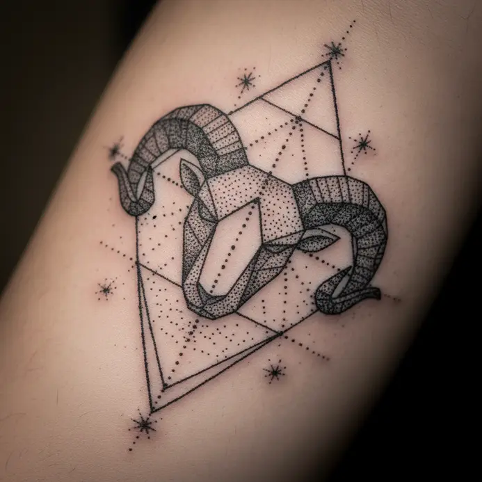A geometric ram horn design created with dotwork shading, overlaying a fine-line Aries constellation.