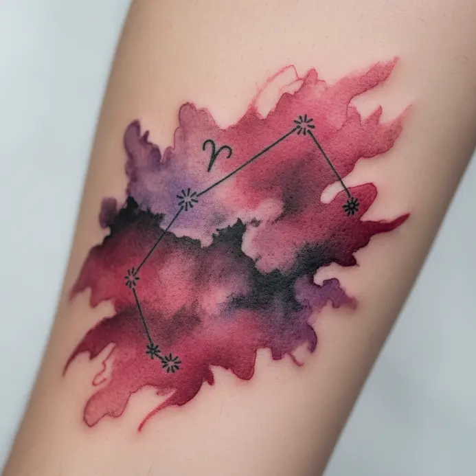 The Aries constellation in black ink set against a soft, blended watercolor background in reds and purples.