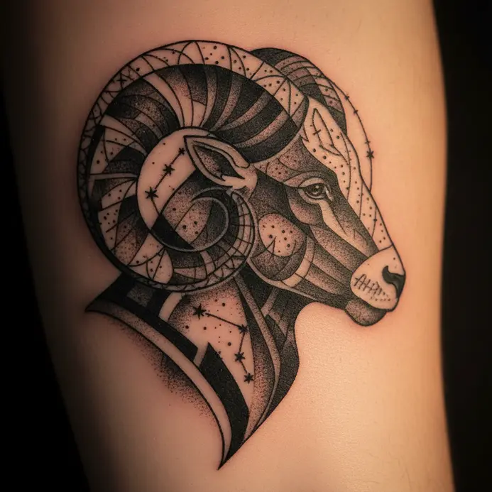 A bold, abstract silhouette of a ram's head in solid blackwork tattoo style.